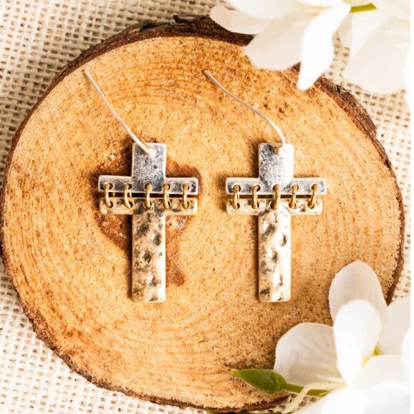 One Blessed Nana Jewelry - ❤️NWT BOUTIQUE MALIA CROSS HAMMERED TWO-TONE EARRINGS